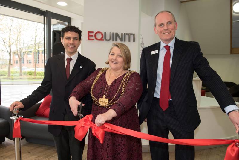 L - R Alex Sobel MP, Jane Dowson, Lord Mayor of Leeds, Guy Wakeley, CEO of Equiniti Group